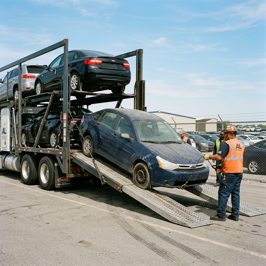 Workers loading a blue car onto a car carrier truck ramp