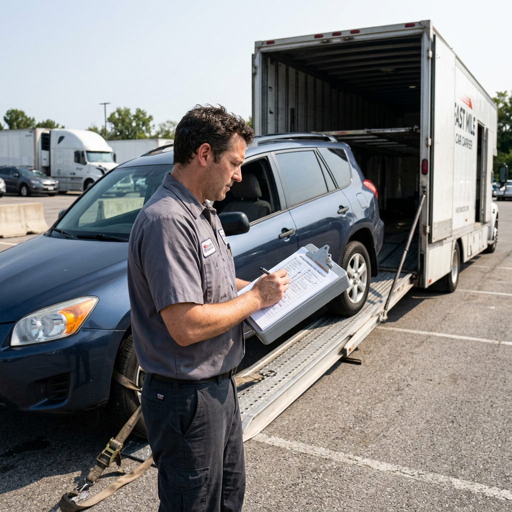 Technician checking paperwork beside blue SUV loaded on transport truck ramp