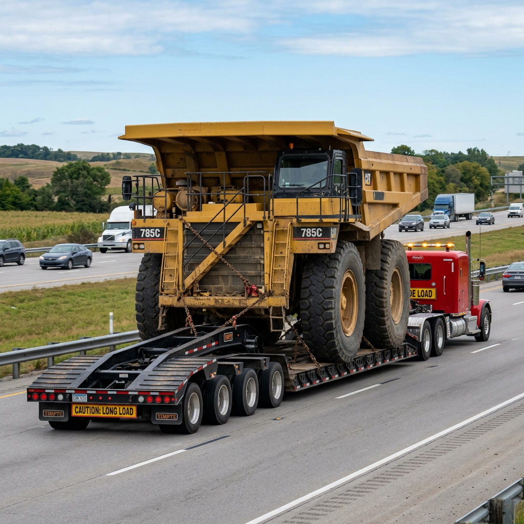 Large CAT 785C mining truck loaded on flatbed trailer hauled by red semi truck