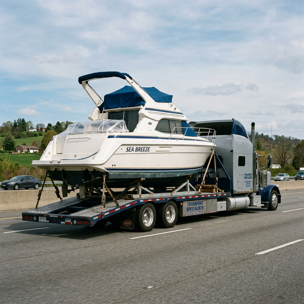 Small yacht on step deck auto carrier
