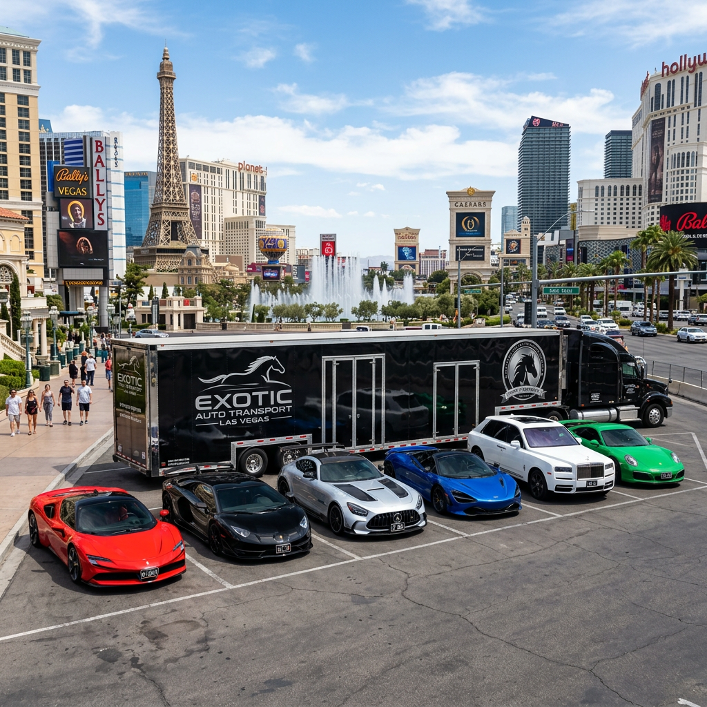 Six luxury sports cars including red, black, silver, blue, white, and green models parked beside an Exotic Auto Transport black truck in Las Vegas